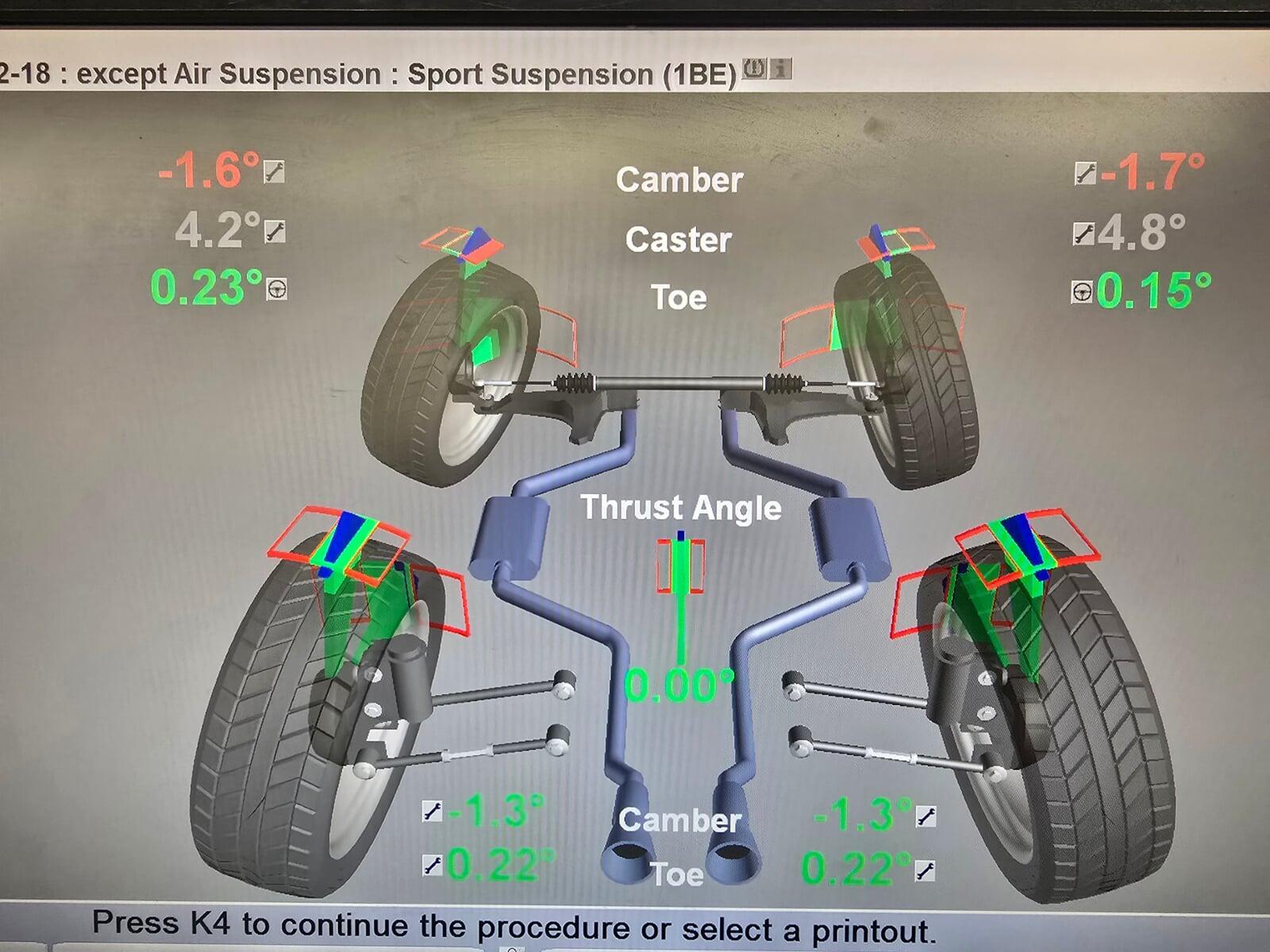 Digital printout of a wheel alignment.